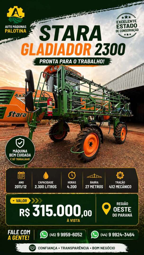 PULVERIZADOR STARA GLADIADOR 2300 ANO 2011 de Auto Máquinas Palotina no Paraná