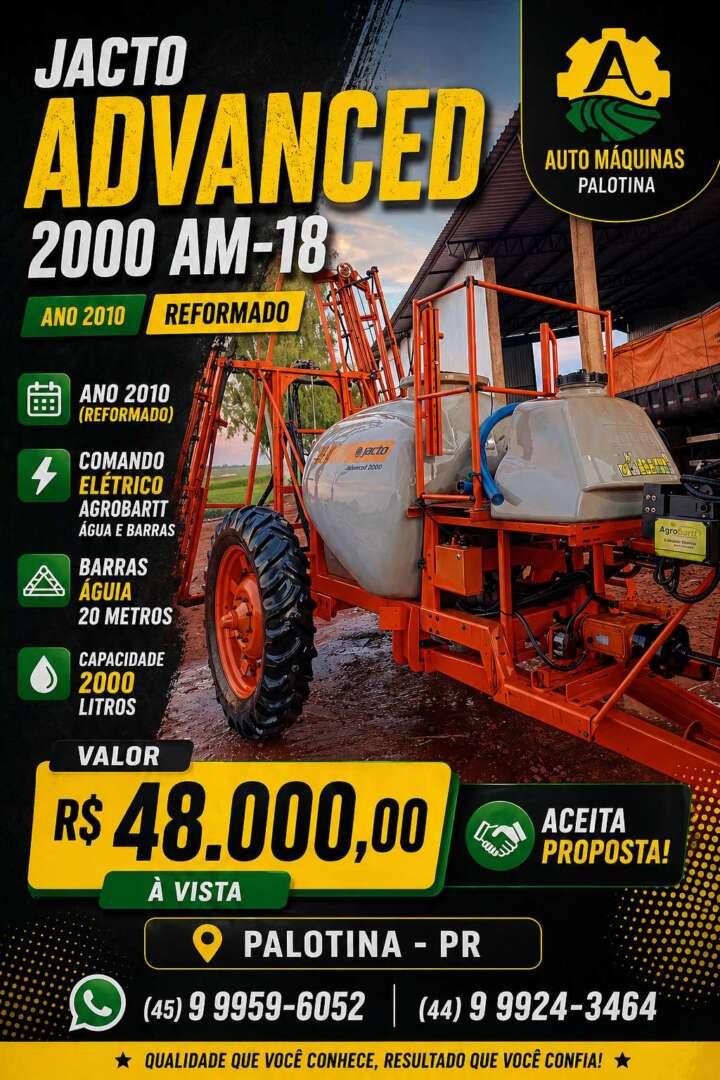 PULVERIZADOR JACTO ADVANCE 2000 AM18 ANO 2010 de Auto Máquinas Palotina no Paraná