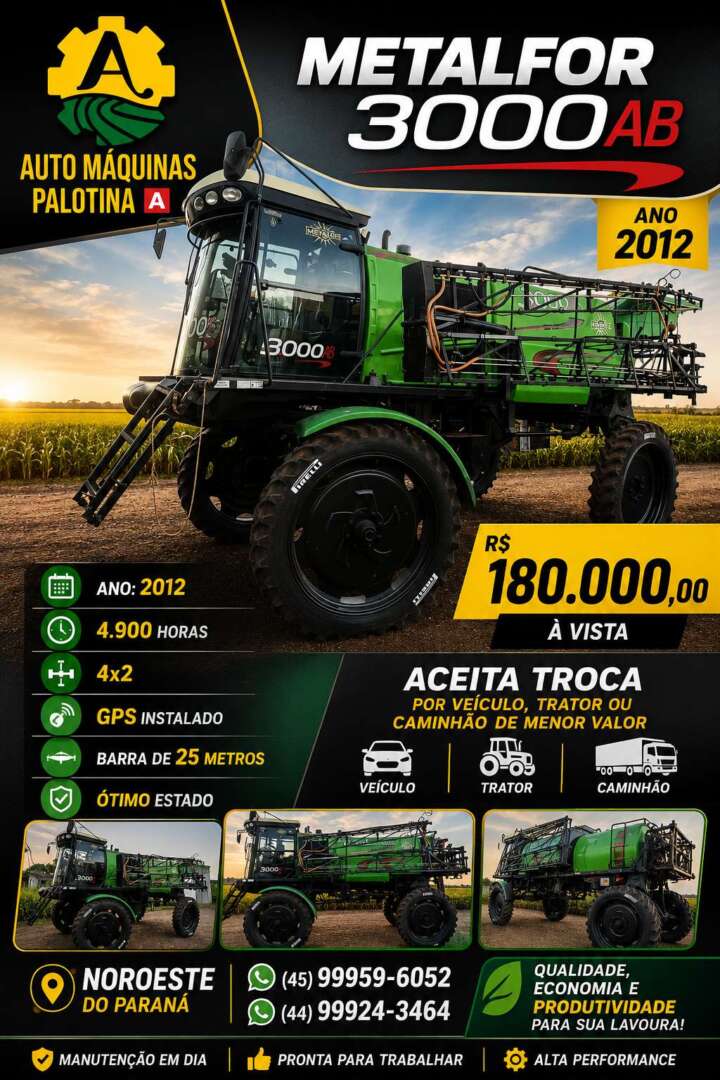 PULVERIZADOR METALFOR MULTIPLE 3000 ANO 2012 de Auto Máquinas Palotina no Paraná
