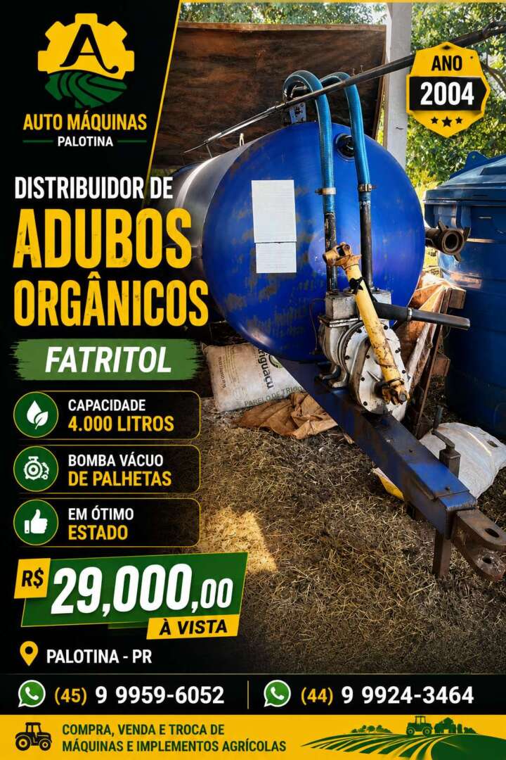 IMPLEMENTOS AGRICOLAS DISTRIBUIDOR ADUBO ORGÂNICO LÍQUIDO ANO 2004 de Auto Máquinas Palotina no Paraná