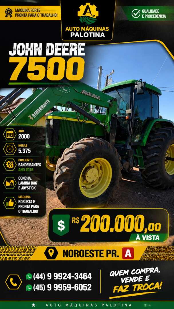TRATOR JOHN DEERE JOHN DEERE 7500 ANO 2000 de Auto Máquinas Palotina no Paraná