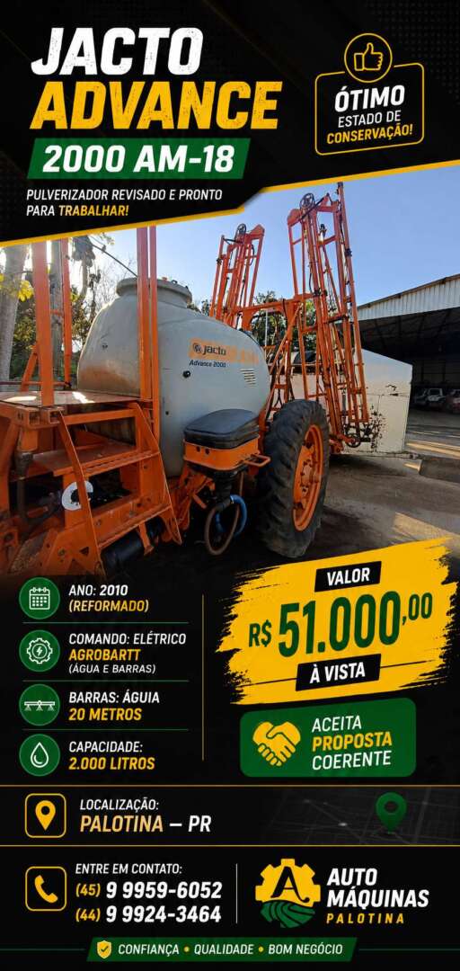 PULVERIZADOR JACTO ADVANCE 2000 AM18 ANO 2010 de Auto Máquinas Palotina no Paraná