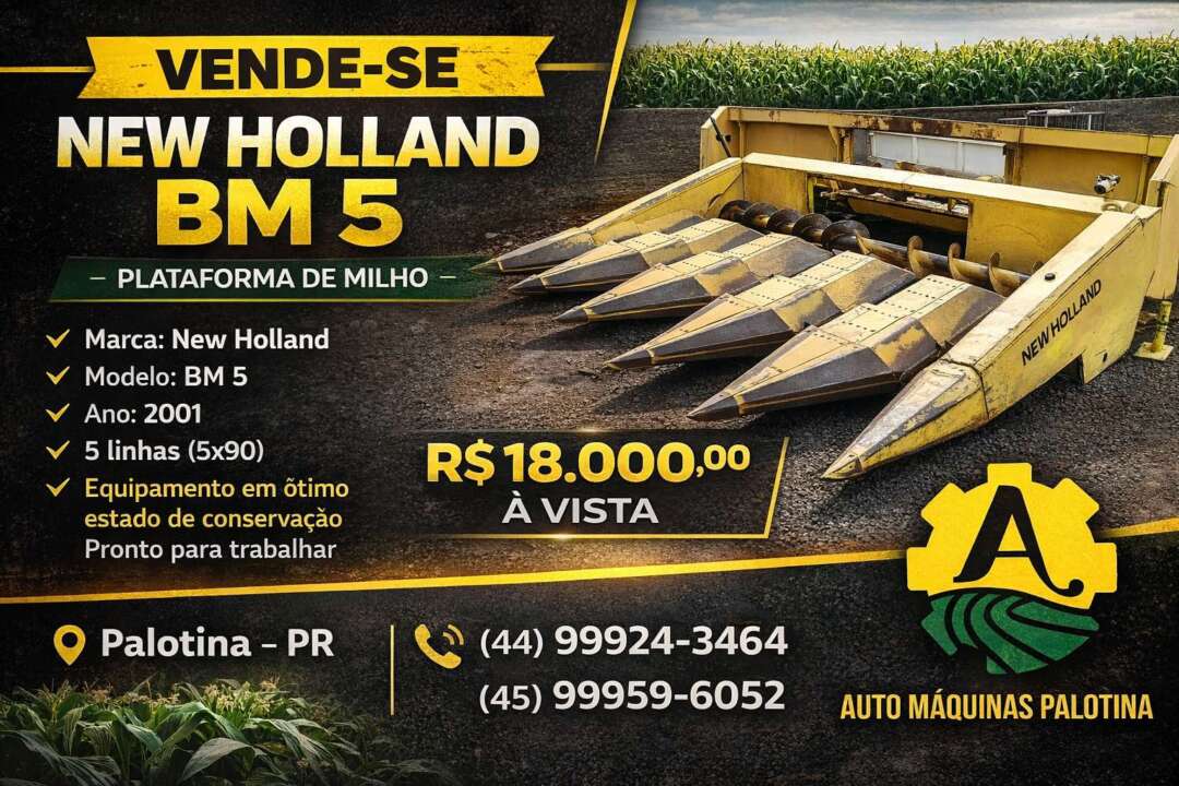 PLATAFORMA COLHEITADEIRA NEW HOLLAND MILHO 5 LINHAS ANO 2001 de Auto Máquinas Palotina no Paraná
