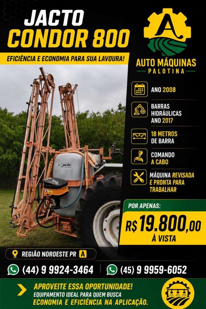 PULVERIZADOR JACTO CONDOR 800 AM18 ANO 2008 de Auto Máquinas Palotina no Paraná